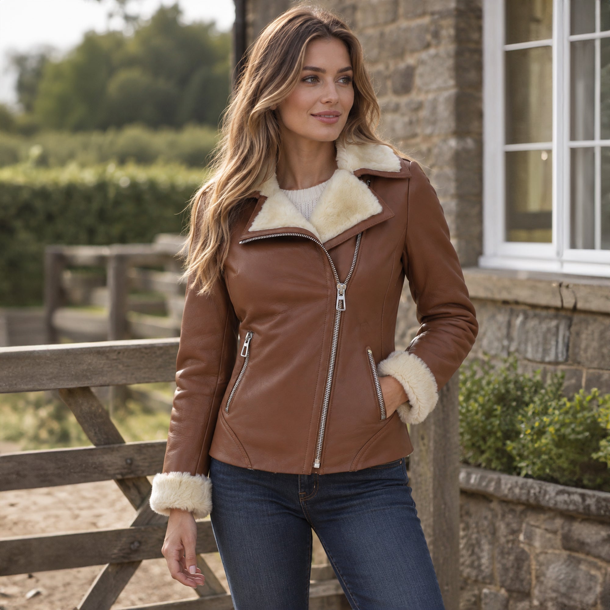 Womens Luxury Shearling Jacket Tan: P-47