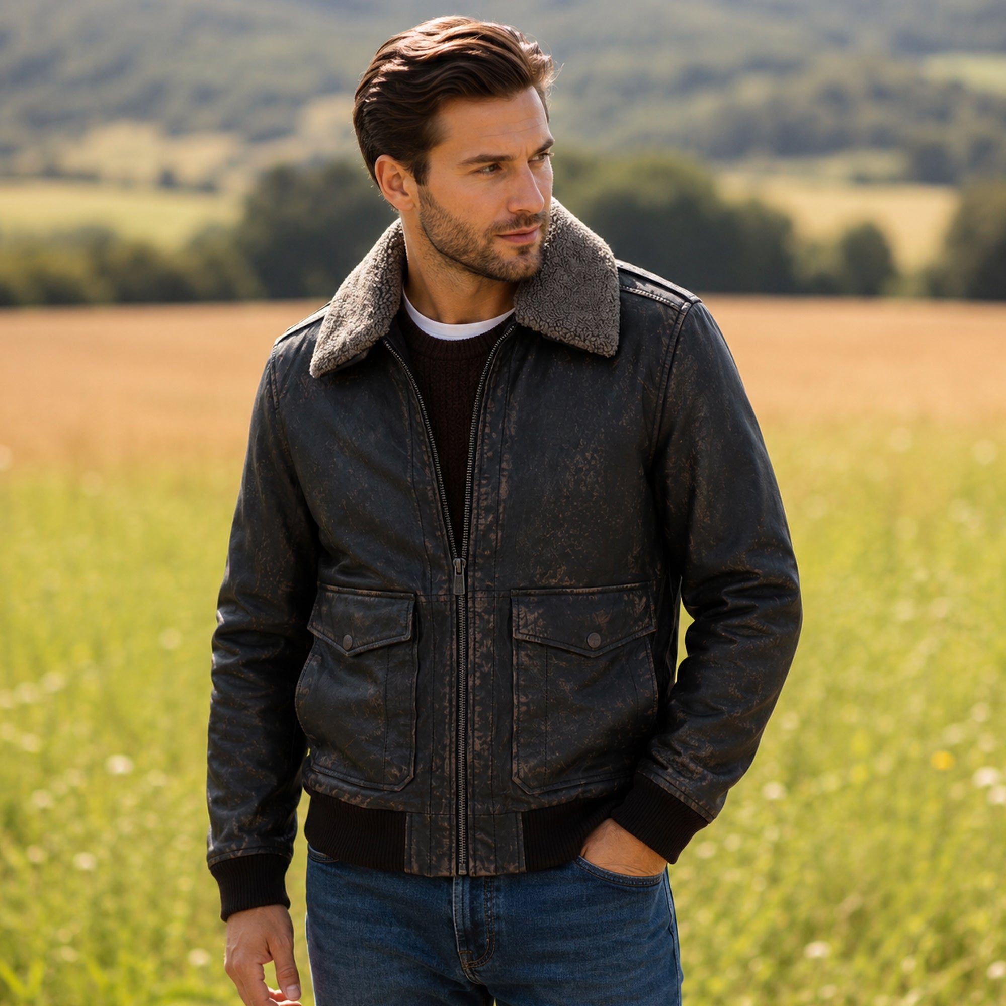 Ashwood Men’s Genuine Leather Bomber Jacket with Removable Fur Collar in Coffee/brn: AWM-Pilot