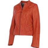 Ladies Genuine Leather Mandarin Collar Jacket in Orange: Style A