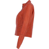 Ladies Genuine Leather Mandarin Collar Jacket in Orange: Style A