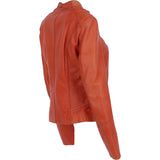 Ladies Genuine Leather Mandarin Collar Jacket in Orange: Style A