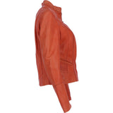 Ladies Genuine Leather Mandarin Collar Jacket in Orange: Style A