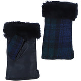 Ashwood Leather X Harris Tweed Ladies Fingerless Fluffy Fur Glittens Black/Watch: TW-97-03-BW