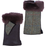 Ashwood Leather X Harris Tweed Ladies Fingerless Fluffy Fur Glittens Brown/Green: TW-97-09-BG