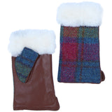 Ashwood Leather X Harris Tweed Ladies Fingerless Fluffy Fur Glittens Tan/Purple: TW-97-13-TP