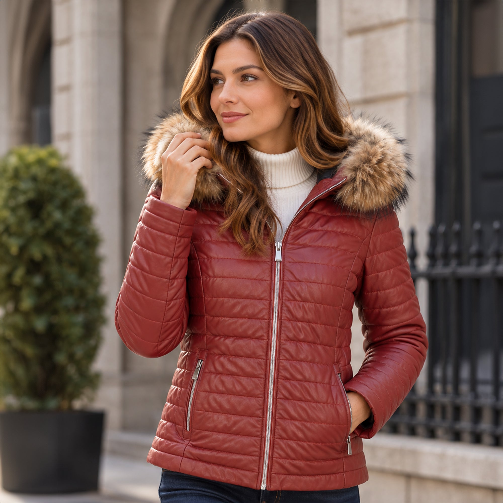 Women's Hooded Leather Jacket Wine: Venezia
